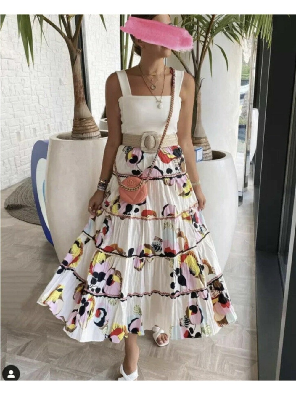 Zara White Tiered Maxi Skirt with Multicolor Floral Motif